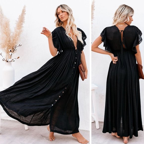 New Bohemian Long Black Gauze Maxi Summer Dress - Picture 6 of 8